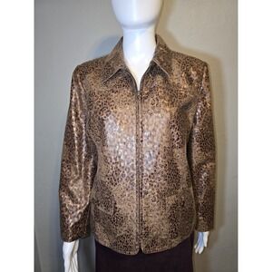 Alfred Dunner Womens Full Zip Brown Animal Leopard Print Snakeskin Jacket Sz 10P